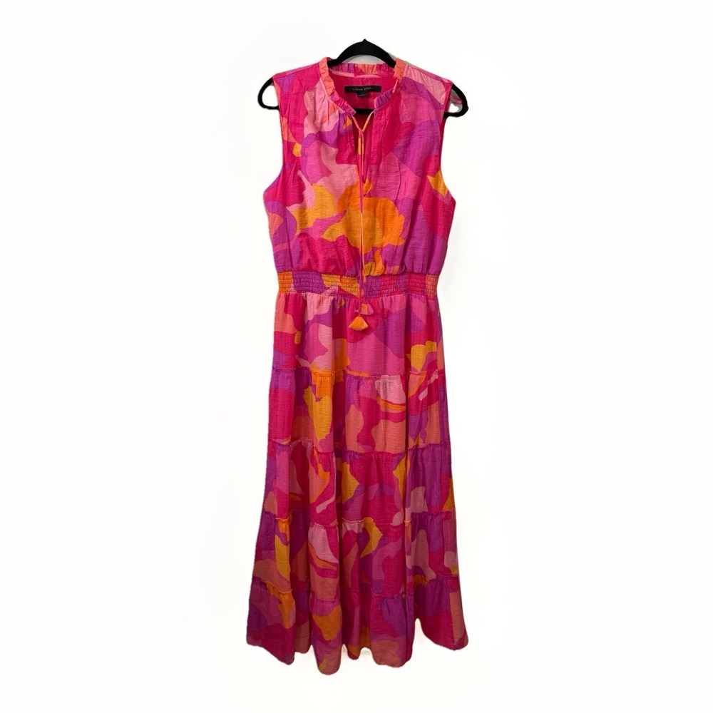 Cynthia Steffe Maxi Dress Tiered Dopamine Tropical Vacation Pink Orange Sz L
